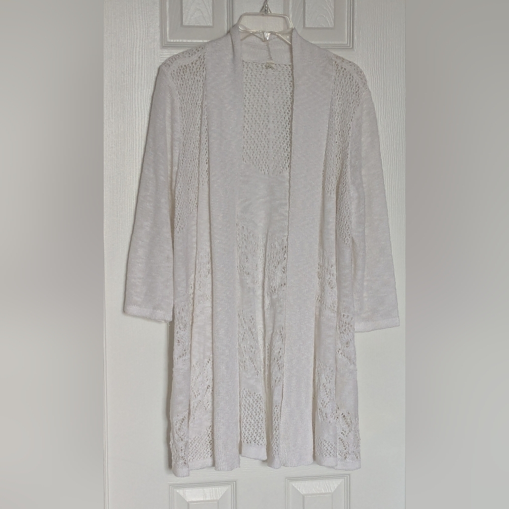 Elegant Womens (Large) Off-White/Cream Knit Crochet Lightweight Cardigan/Sweater